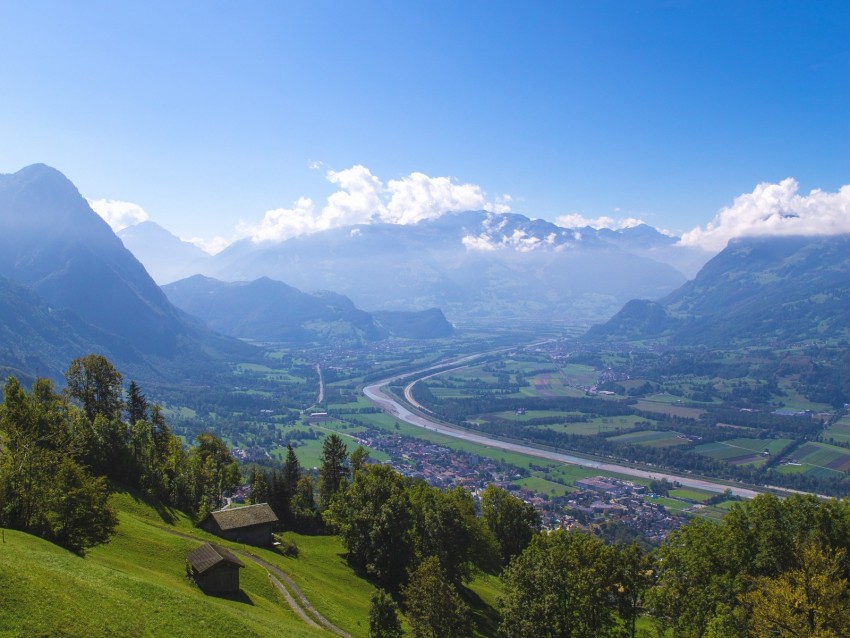 mountains, valley, river, fog, landscape