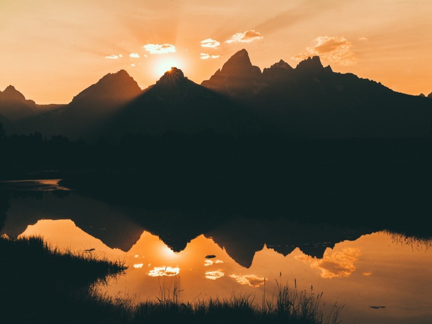 mountains, water, sunset, reflection, sunlight, sky