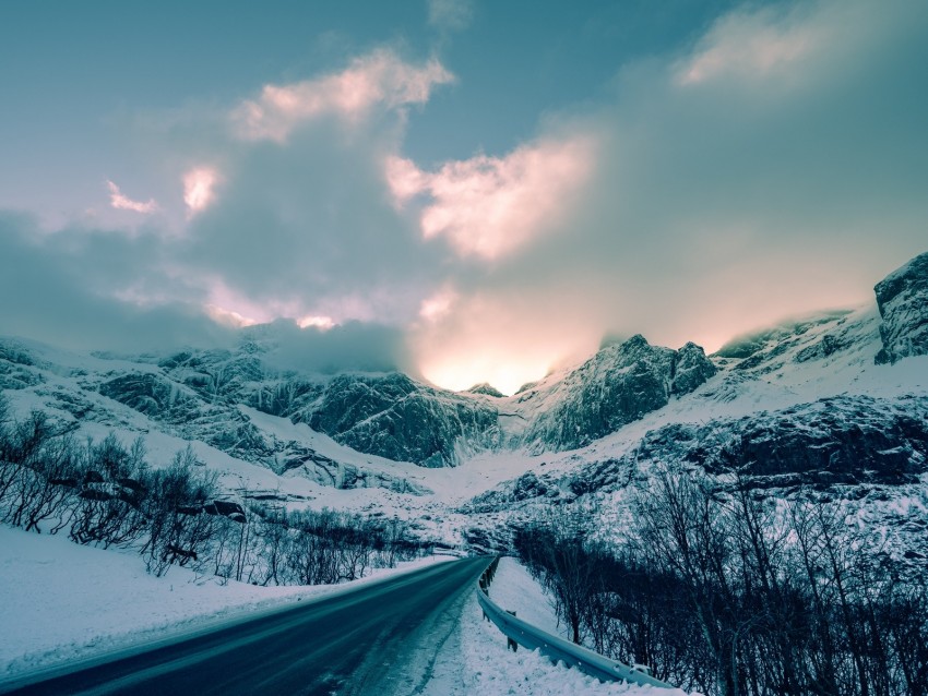 mountains, winter, road, snow, clouds, norway