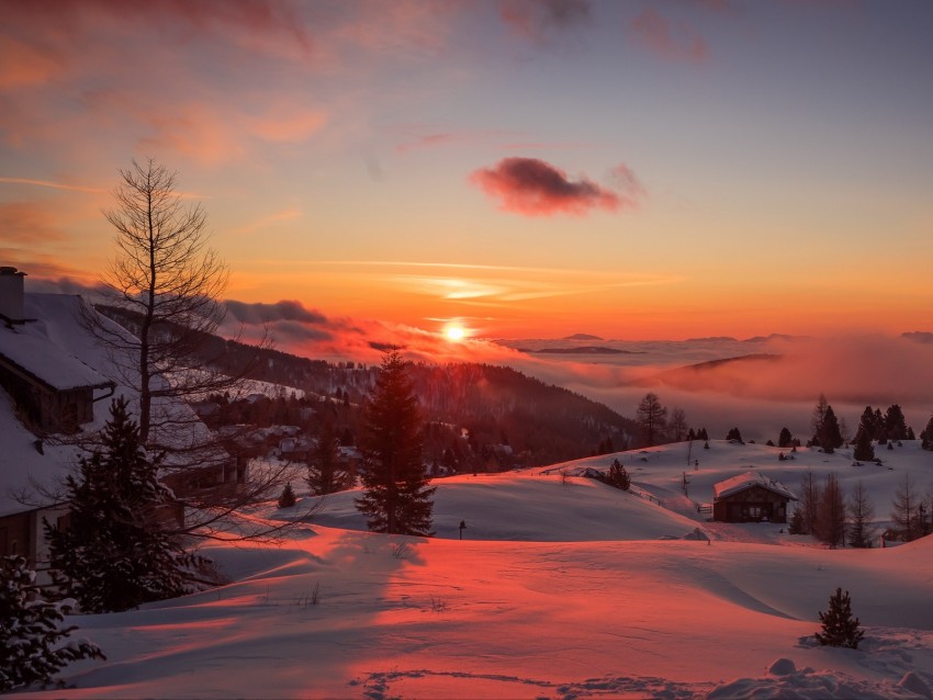 mountains, winter, sunset, trees, austria