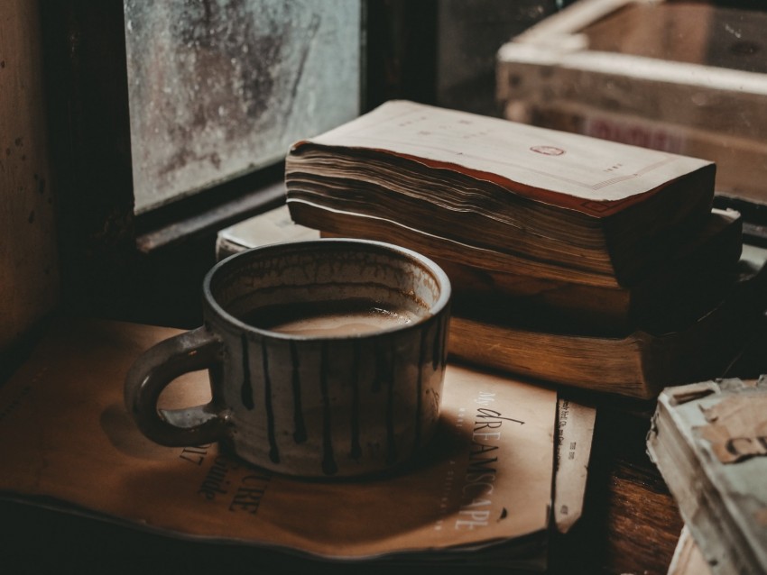 mug, books, mood, window, autumn