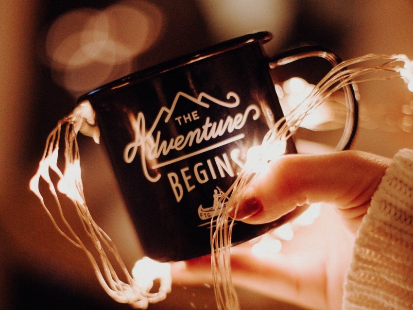 mug, garland, hand, light, inscription