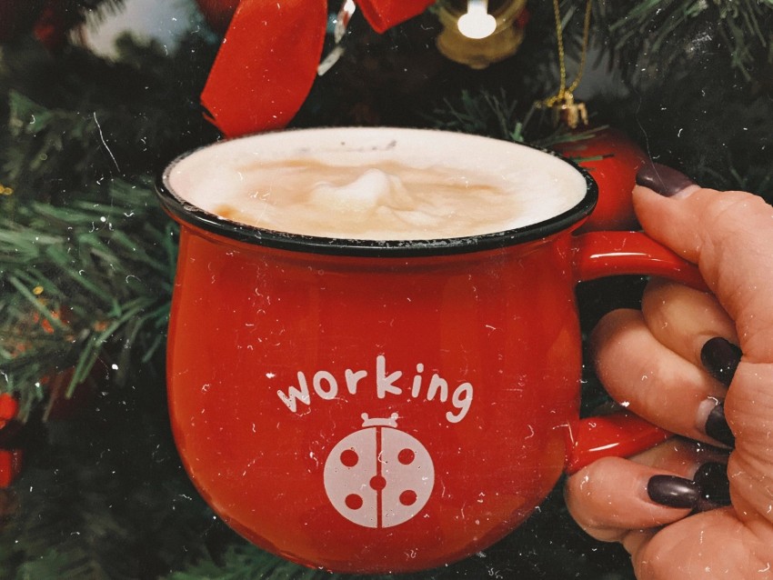 mug, hand, drink, inscription, new year, red