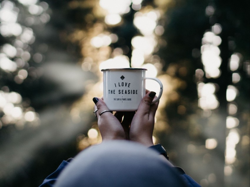 mug, hands, inscription, blur