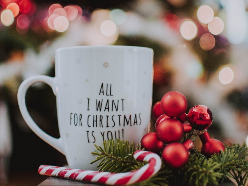 mug, inscription, christmas, new year, glare, bokeh