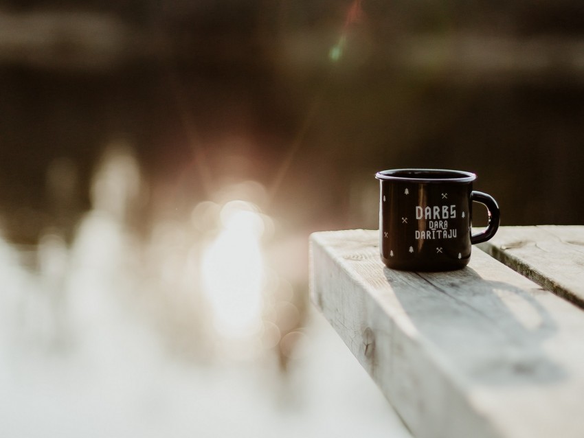 mug, pier, lake, sunlight, glare, blur