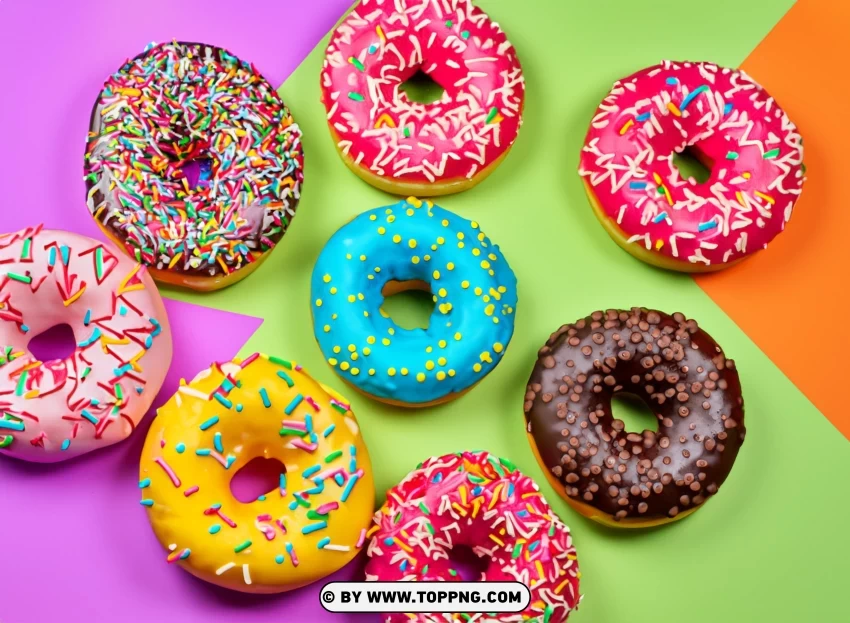 Multicolored Sprinkles Adorning Round Donuts On A Colorful PNG Transparent Background