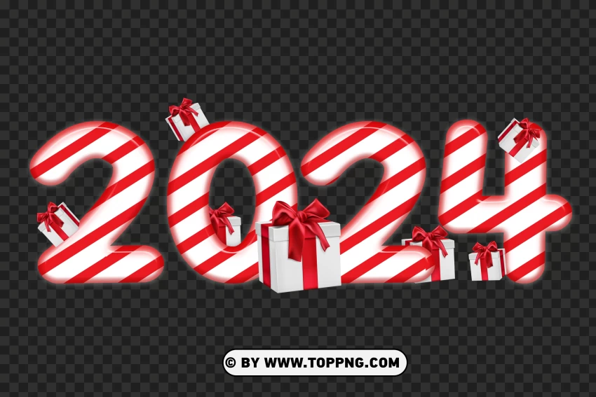 New Year Red 2024 Candy Style Text With Gift Boxes PNG Transparent Background