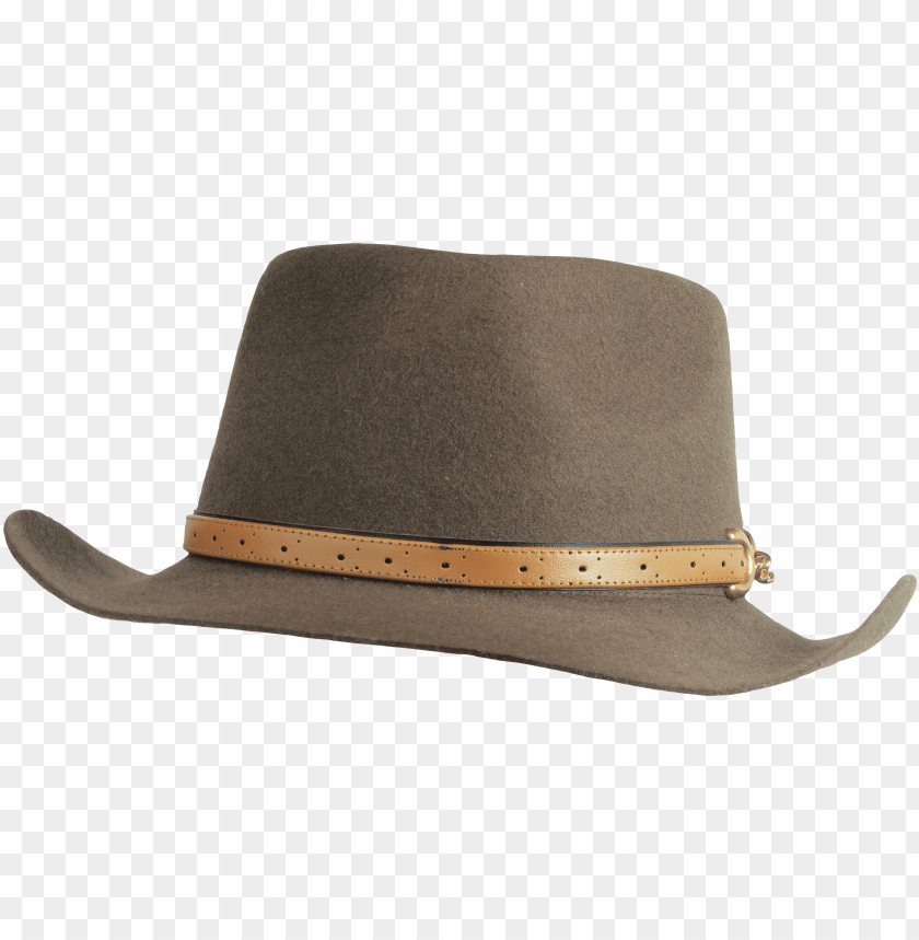 Brown felt hat with a leather band and accents on a transparent background.