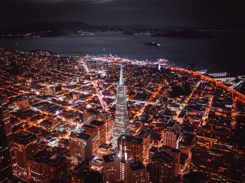 night city, aerial view, buildings, architecture, lights, coast, san francisco