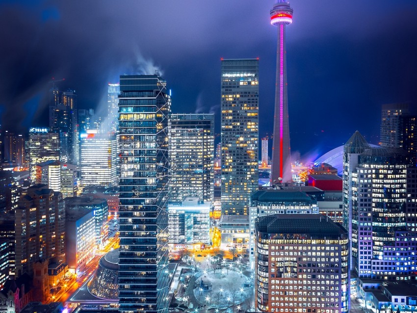 Night City Aerial View Buildings Lights Bright Toronto Background