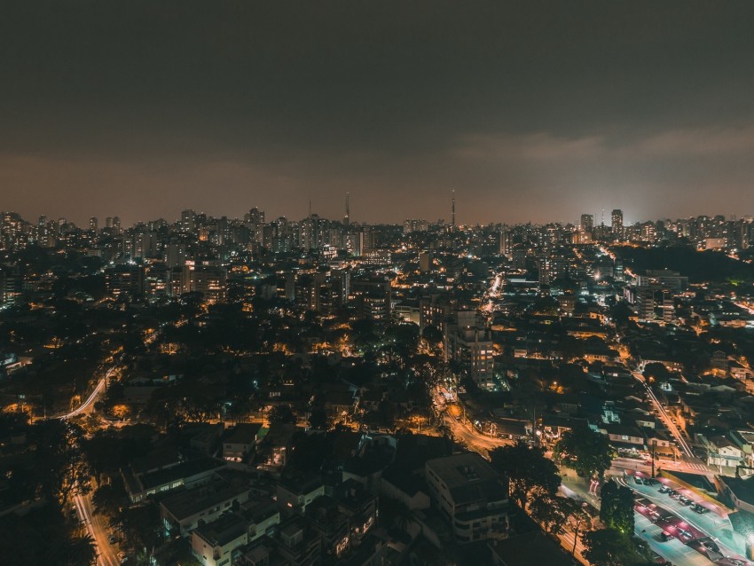 night city, aerial view, city lights, buildings, skyline, panorama