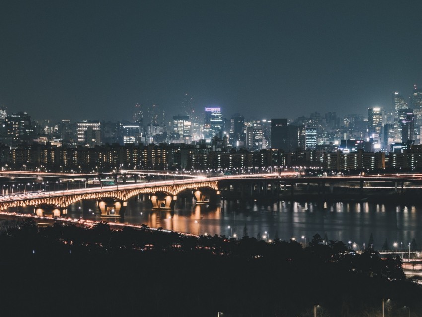 night city, aerial view, city lights, road, lighting