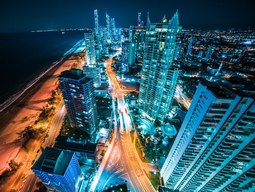 night city, aerial view, city lights, skyscrapers, australia