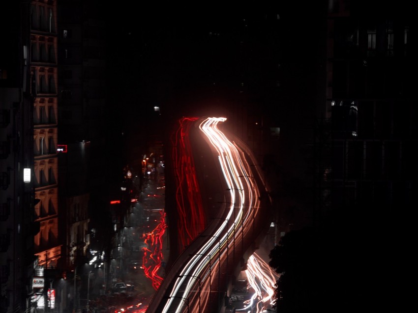 night city, aerial view, long exposure, road