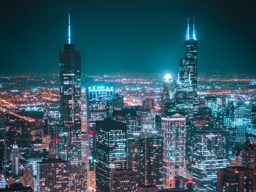 Night City Aerial View Metropolis Buildings Lights Background