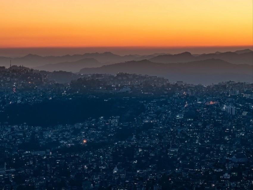 night city, aerial view, sunset, sky, fog