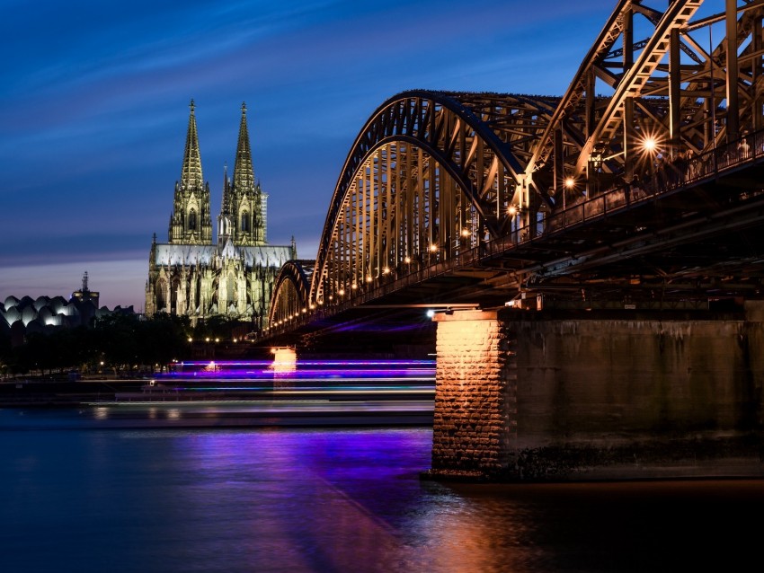 Night City Architecture Bridge City Lights Cologne Germany Background