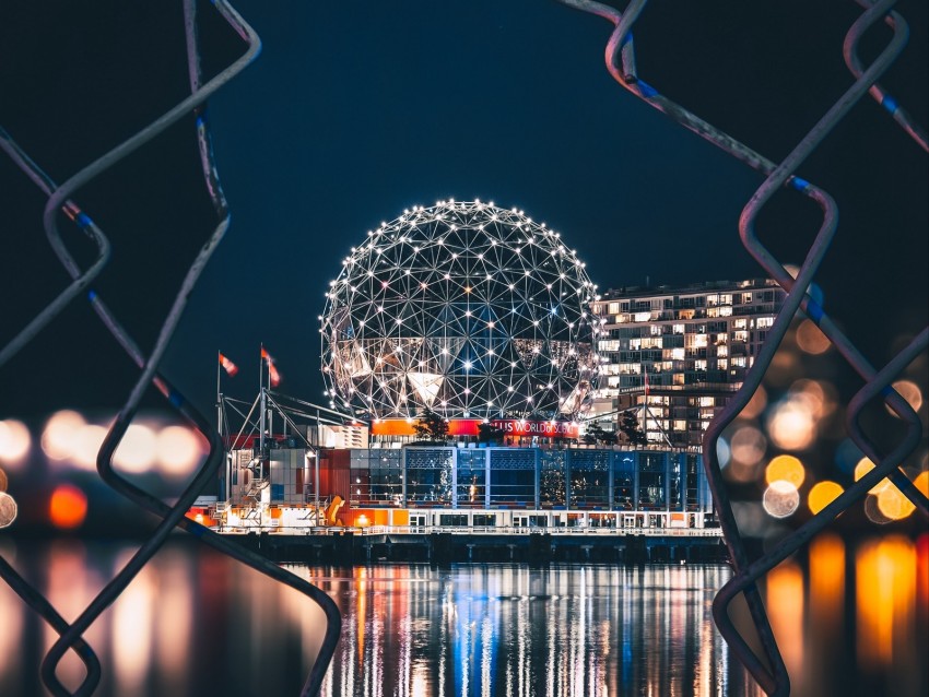 night city, architecture, fence, city lights, vancouver, canada