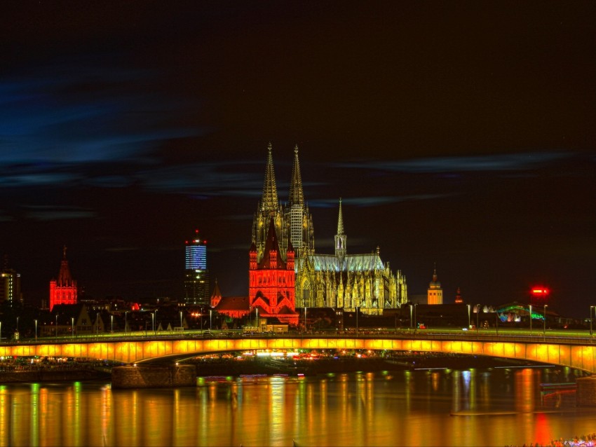 Night City Architecture Gothic Cologne Germany Background