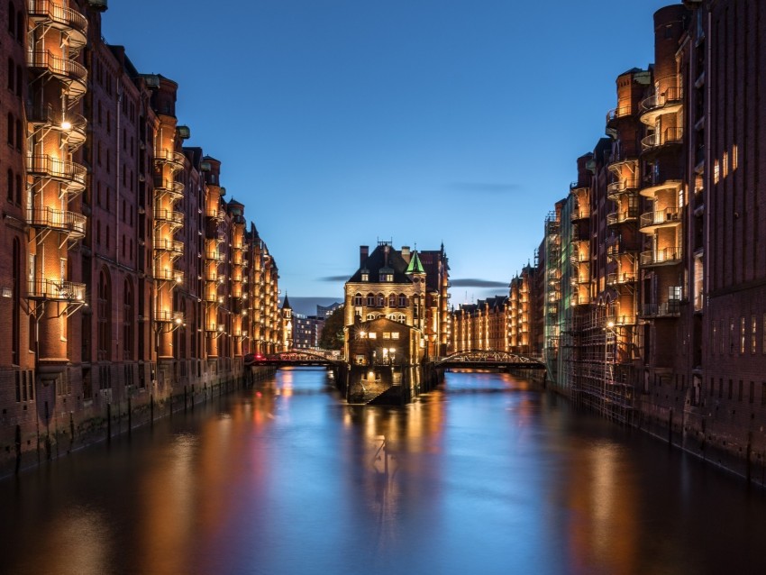 Night City Architecture River City Lights Hamburg Background