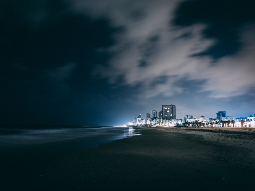 night beach, city skyline, coastal city, long exposure photography, urban nightlife