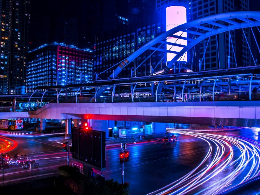 Night City Bridge City Lights Long Exposure Bangkok Thailand Background