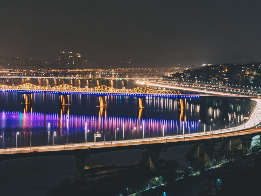 night city, bridge, city lights, night, lighting