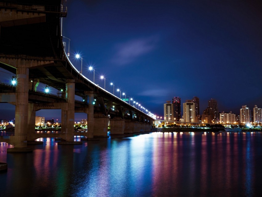 night city, bridge, city lights, river, light