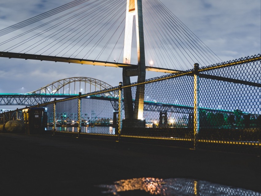 night city, bridge, fence, grid, city lights