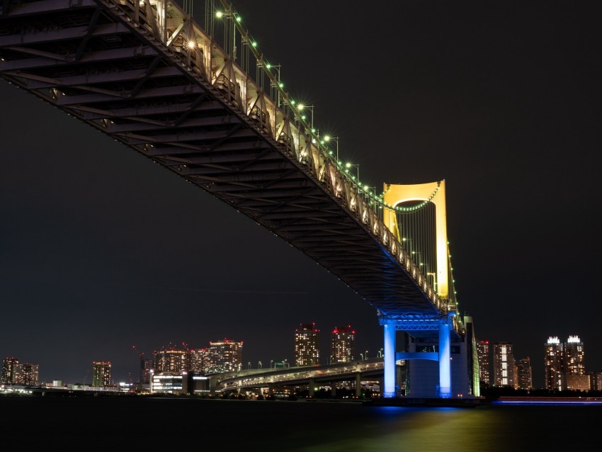 night city, bridge, lights, city lights, tokyo