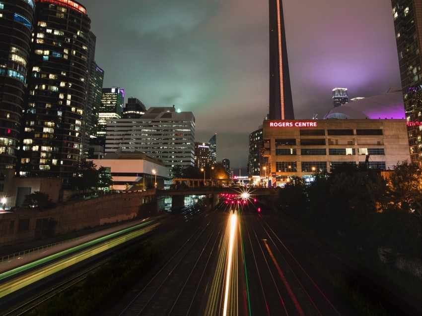 Night City Buildings Architecture Lights Railroad Background