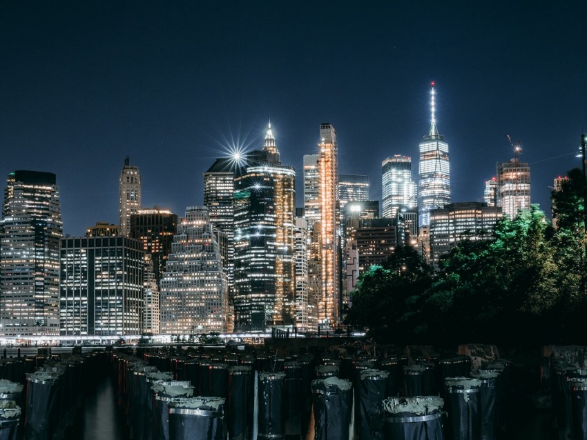 night city, buildings, architecture, lights, river