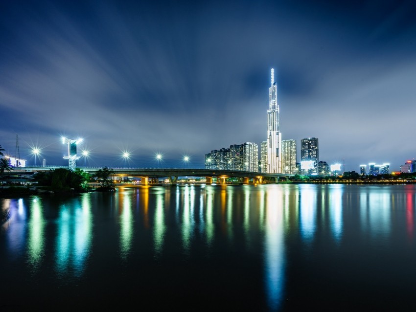 night city, buildings, architecture, river, lights