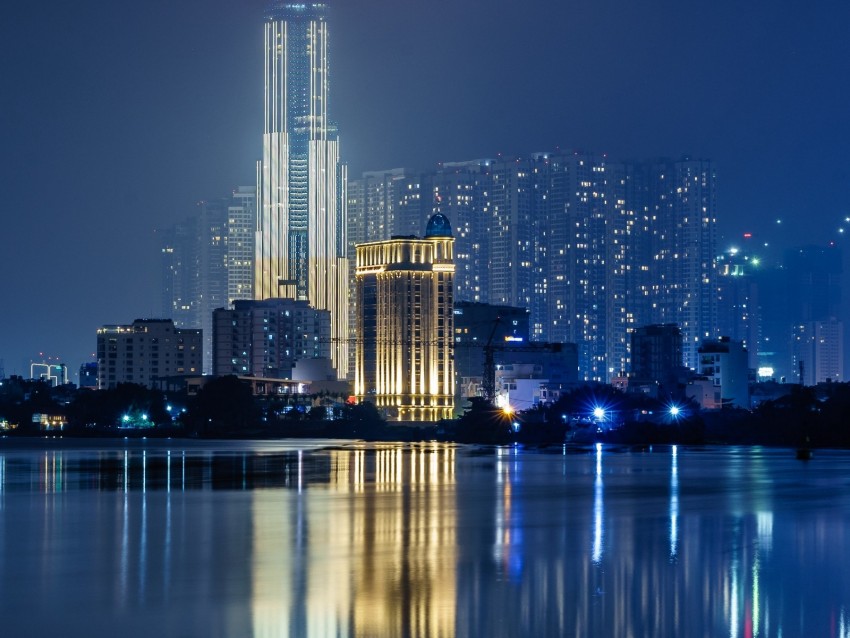 night city, buildings, architecture, water, reflection