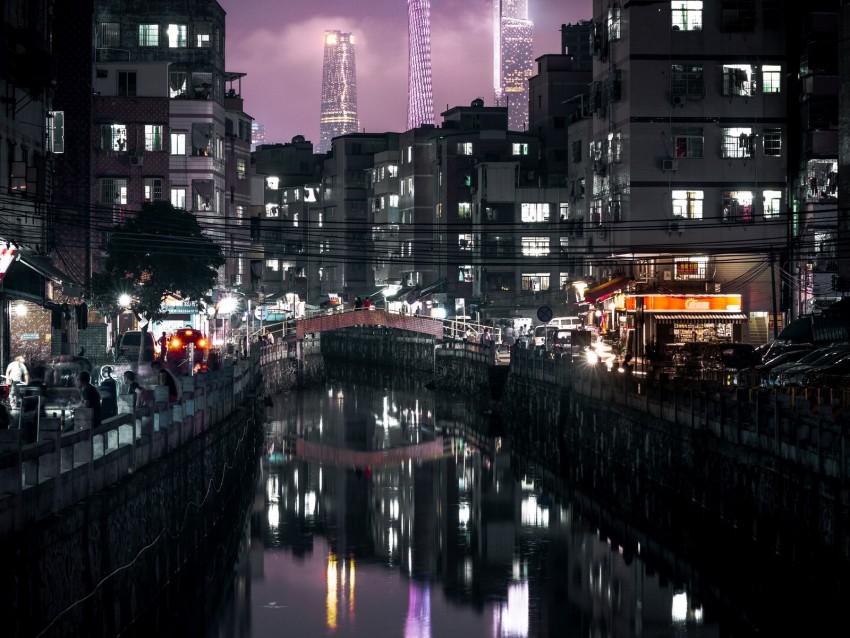 Night City Buildings Canal Embankment Architecture Lights Reflection Background