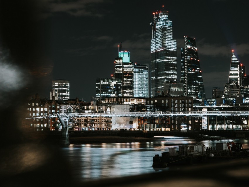 Night City Buildings Lights Bridge River Dark Background