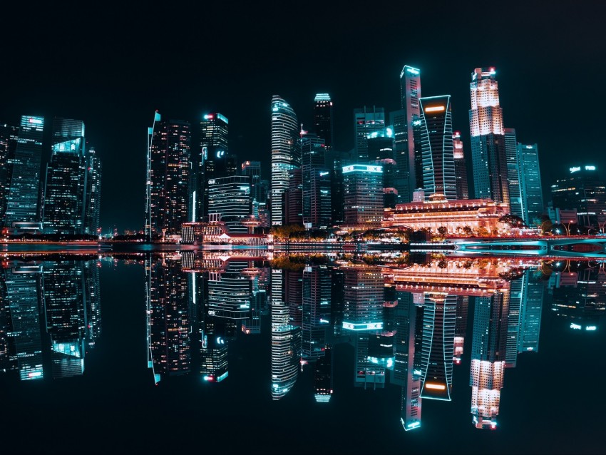 night city, buildings, reflection, lake, skyscrapers, lights, electricity