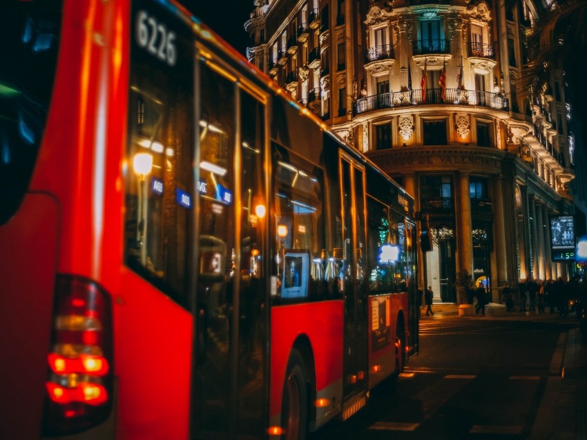 night city, bus, building, street, traffic