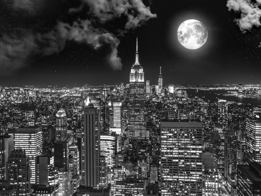 night city, bw, full moon, new york, usa