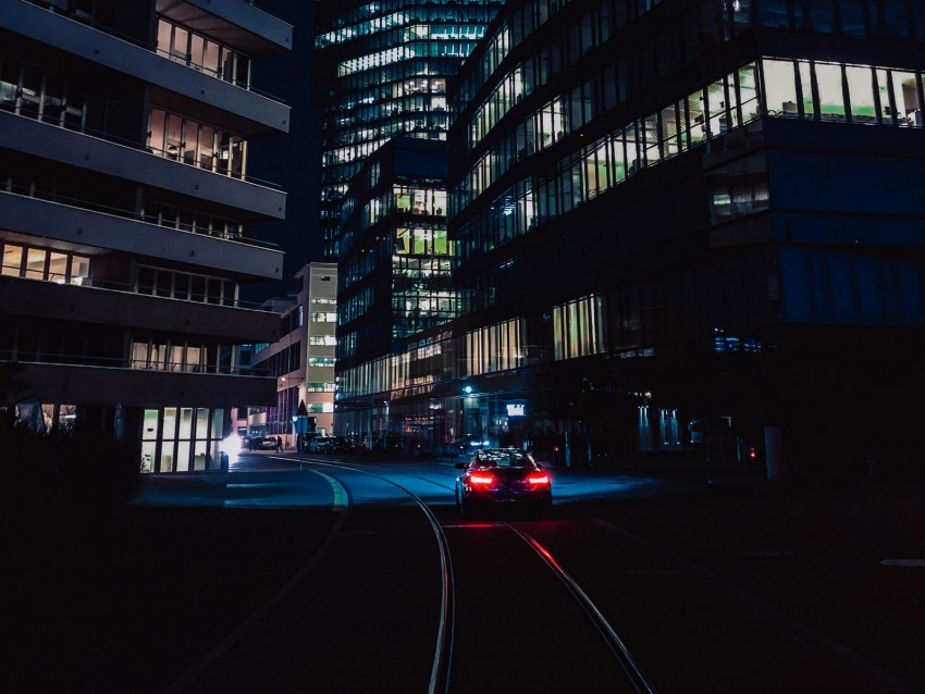 night, city, car, movement, buildings