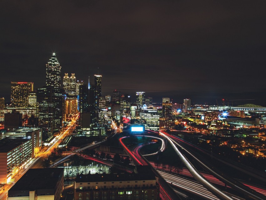 night city, city lights, aerial view, night, architecture