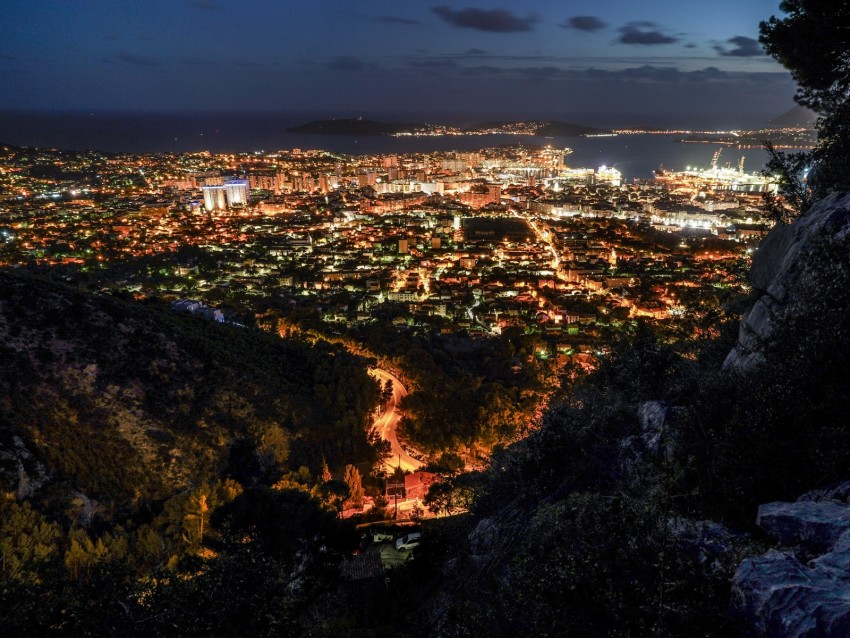 night city, city lights, aerial view, night, toulon, france