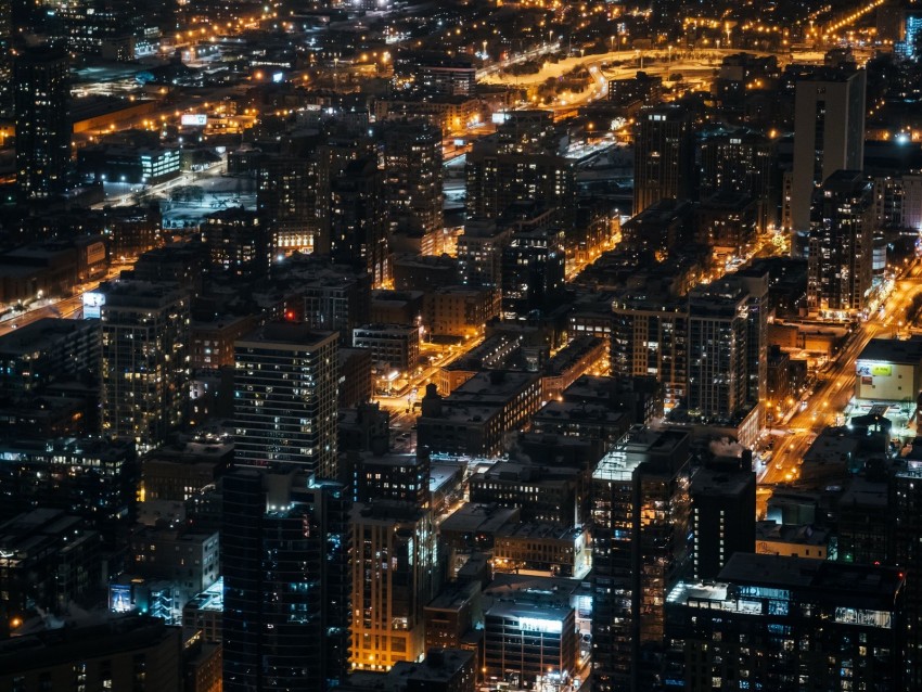 night city, city lights, aerial view, overview, buildings