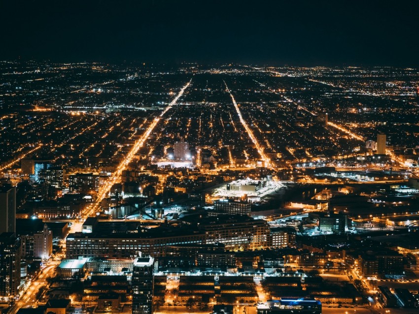 Night City City Lights Aerial View Overview Chicago Background