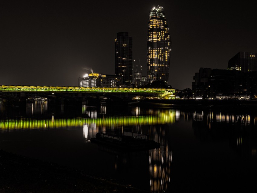 night city, city lights, backlight, river, thames, uk