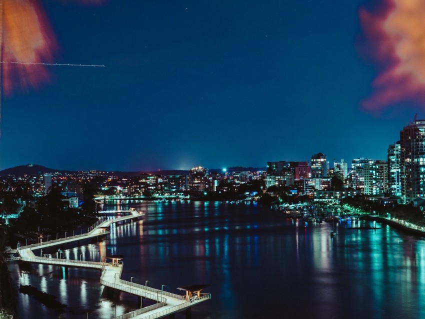 night city, city lights, branches, aerial view, australia