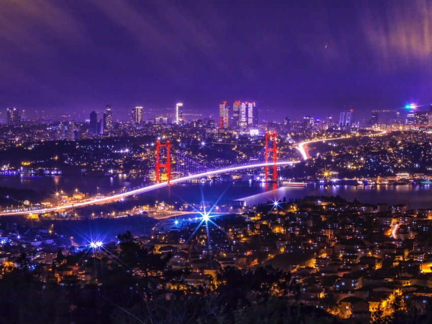 Night City City Lights Bridge Aerial View Turkey Background