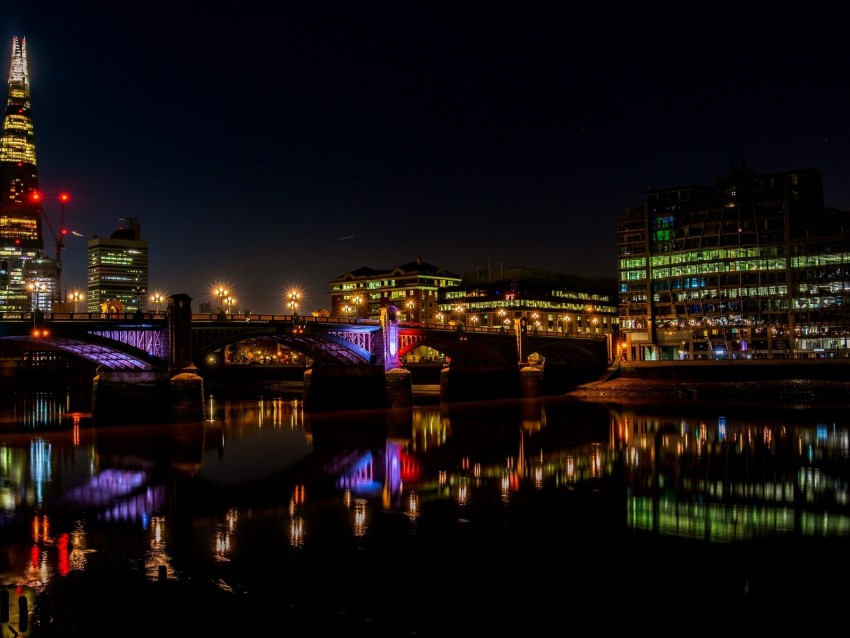 Night City City Lights Bridge River Thames London Uk Background