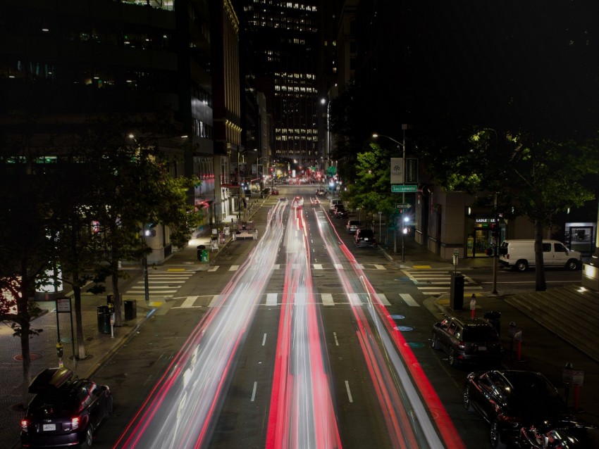 night city, city lights, long exposure